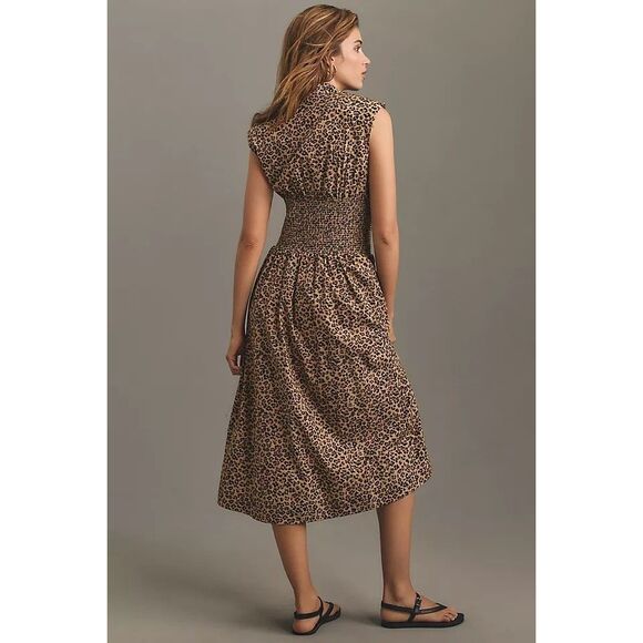 Anthropologie Maeve Tommie Cap-Sleeve Smocked Front-Zip Shirt Dress Leopard 3X - Picture 2 of 6